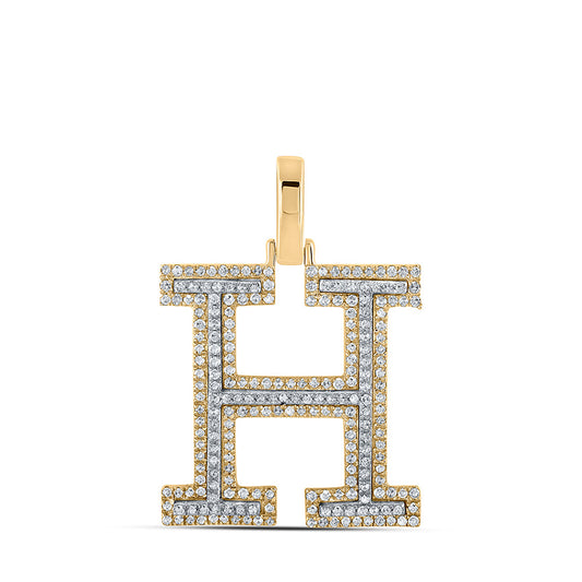 10K Two-tone Gold Mens Round Diamond H Initial Letter Pendant 5/8 Cttw, Length: 1.19 In, Width: 0.61 In