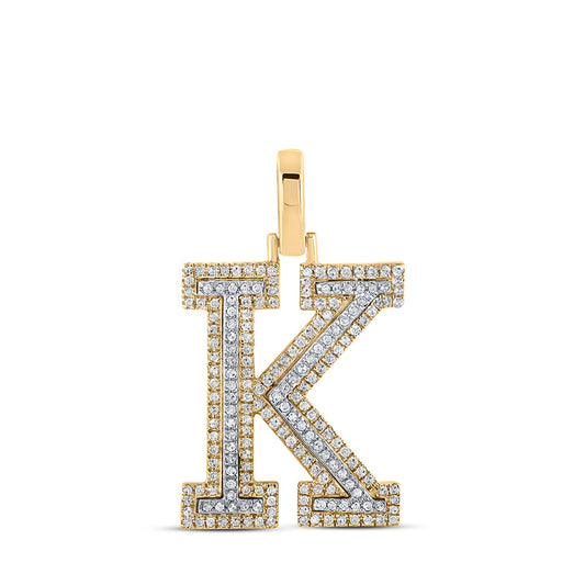 10K Two-tone Gold Mens Round Diamond K Initial Letter Pendant 1/2 Cttw, Length: 1.19 In, Width: 0.61 In