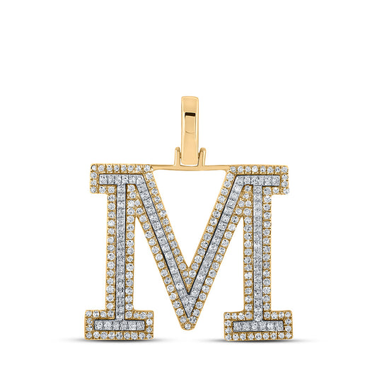 10K Two-tone Gold Mens Round Diamond M Initial Letter Pendant 3/4 Cttw, Length: 1.19 In, Width: 0.61 In
