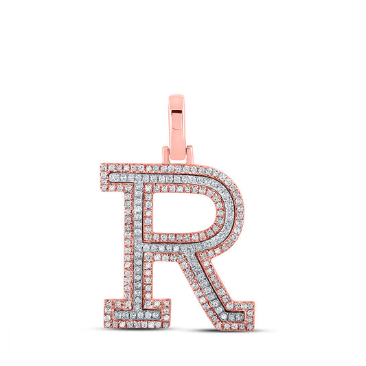 10K Yellow Or Rose Gold Mens Round Diamond R Initial Letter Pendant