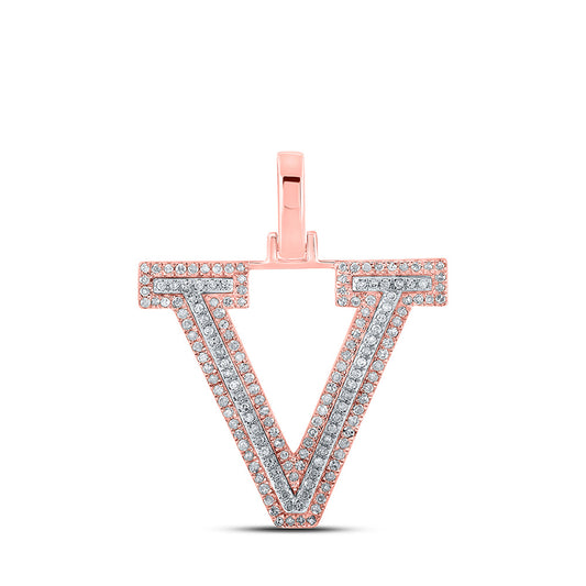 10K Two-tone Gold Mens Round Diamond V Initial Letter Pendant 3/8 Cttw, Length: 1.19 In, Width: 0.61 In
