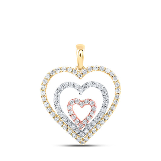 10K Tri-Tone Gold Womens Round Diamond Triple Nested Heart Pendant 1/2 Cttw