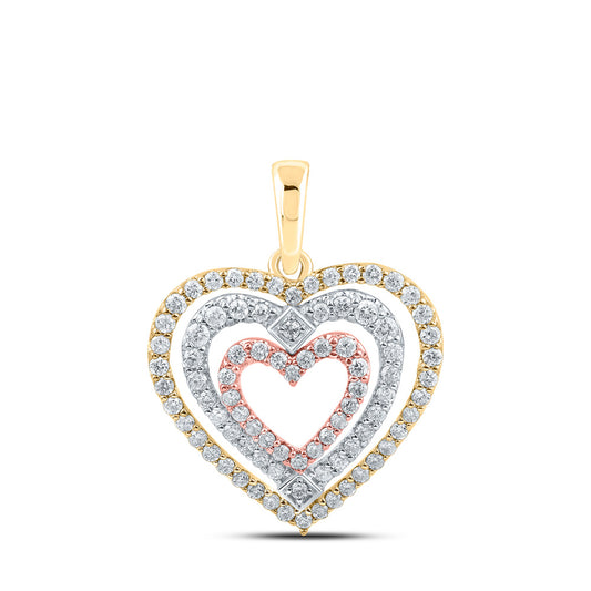 10K Tri-Tone Gold Womens Round Diamond Nested Heart Pendant 1/2 Cttw