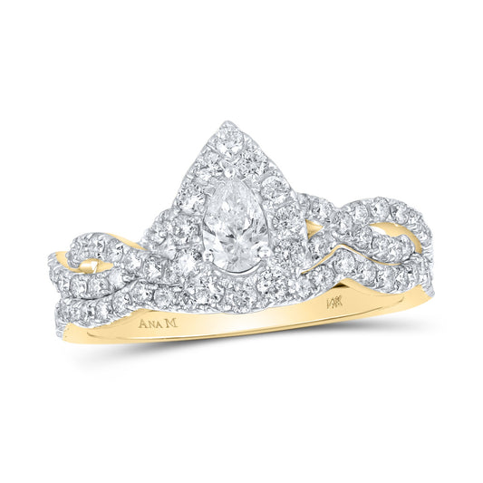14K Yellow Gold Pear Diamond Halo Twist Bridal Wedding Ring Band Set 1 Cttw, Womens Size: 5-10