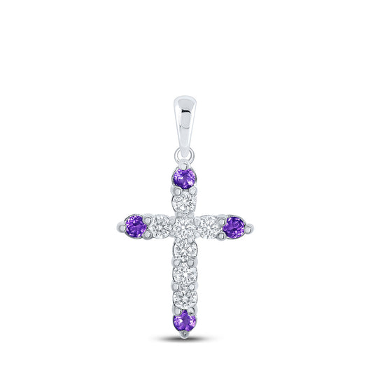 10K White Gold Womens Round Synthetic Amethyst Cross Pendant 1/2 Cttw