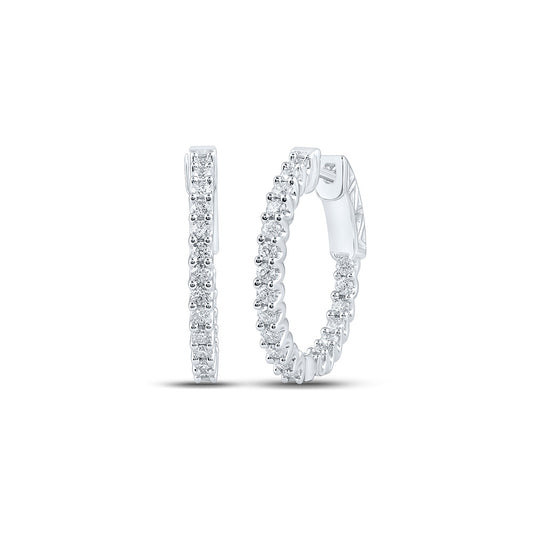 10K White Gold Womens Round Diamond Inside Outside Hoop Earrings 1 Cttw