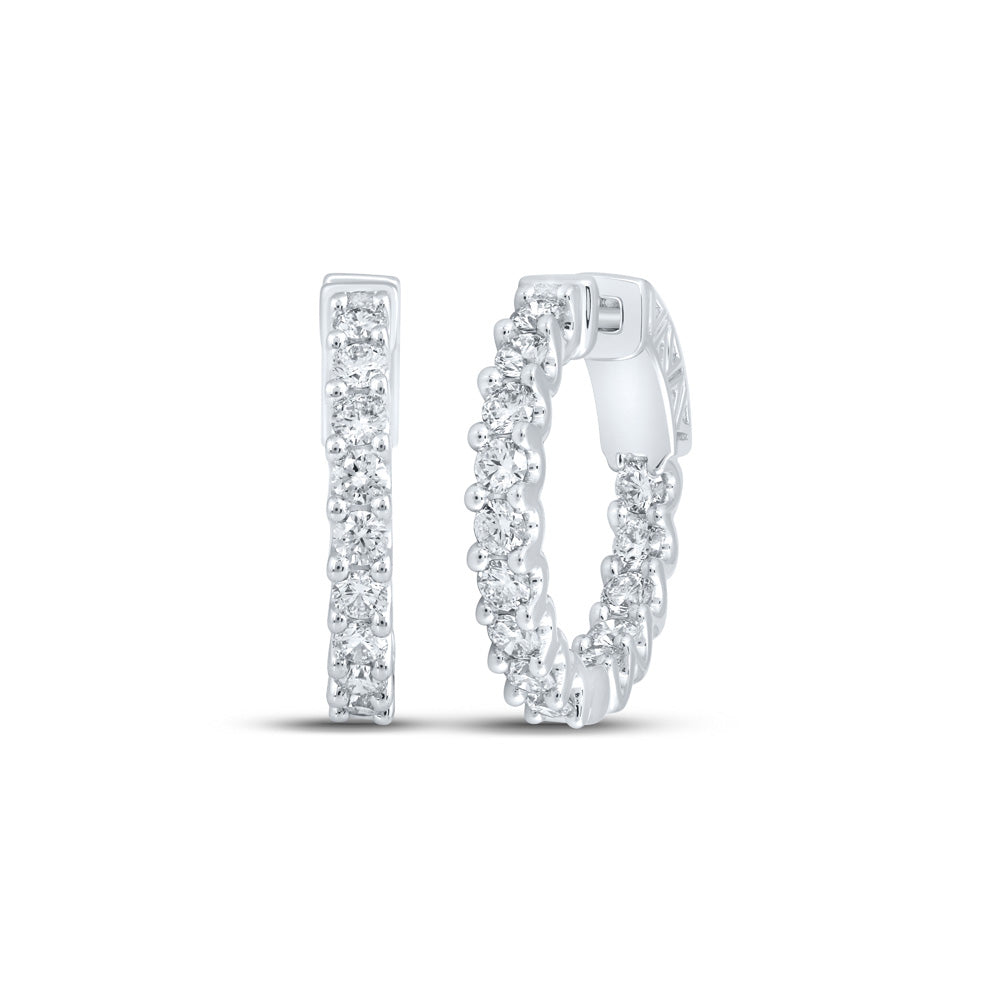 10K White Gold Womens Round Diamond In Out Hoop Earrings 2 Cttw