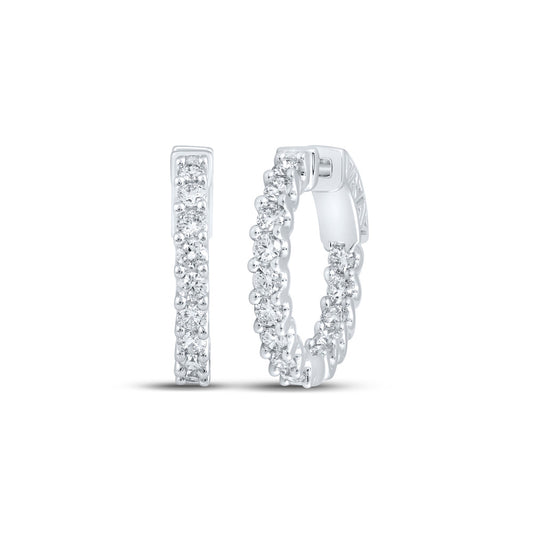 10K White Gold Womens Round Diamond In Out Hoop Earrings 2 Cttw