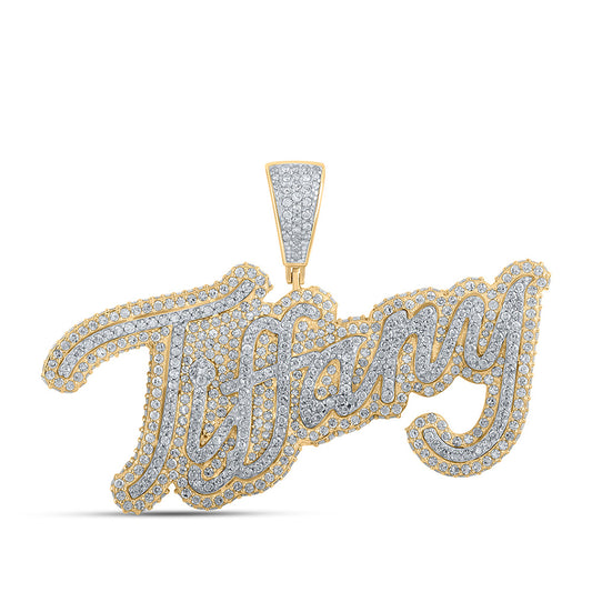 10K Two-tone Gold Womens Round Diamond Tiffany Name Pendant 2-5/8 Cttw, Length: 1.42 In, Width: 2.03 In