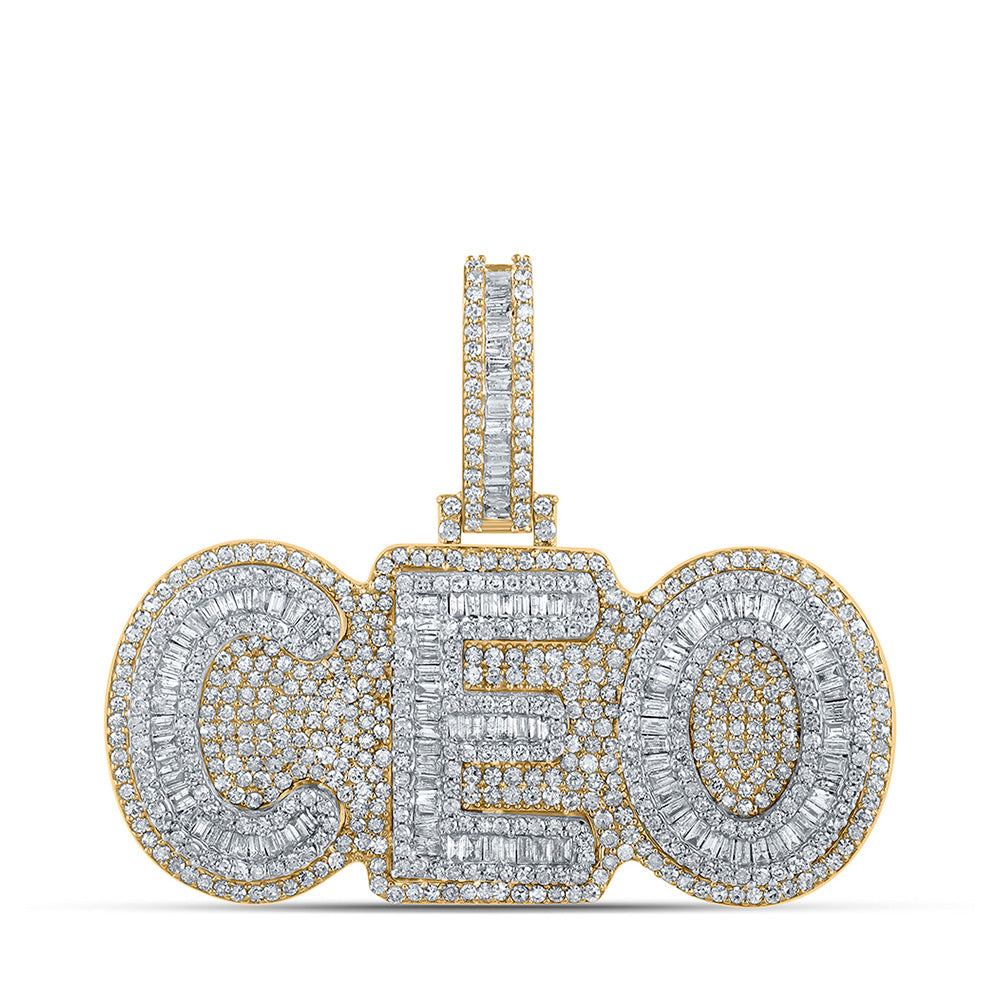 10K Yellow/Two-tone Gold Mens Baguette Diamond CEO Phrase Charm Pendant 2-1/3 Cttw, Length: 1.34 In, Width: 1.63 In
