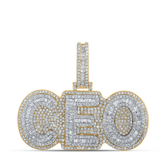 10K Yellow/Two-tone Gold Mens Baguette Diamond CEO Phrase Charm Pendant 2-1/3 Cttw, Length: 1.34 In, Width: 1.63 In