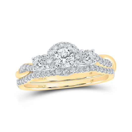 14K Yellow Gold Round Diamond Halo Bridal Wedding Ring Band Set 3/4 Cttw, Womens Size: 5-10