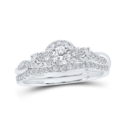 14K White Or Yellow Gold Round Diamond Halo Bridal Wedding Ring Band Set , Womens Size: 5-10