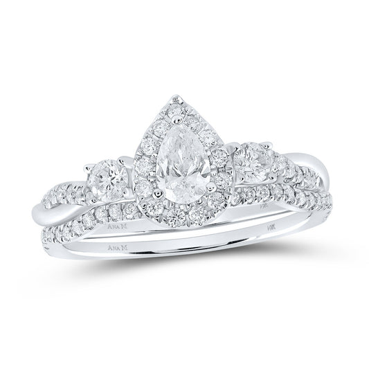 14K White Or Yellow Gold Pear Diamond Halo Bridal Wedding Ring Band Set , Womens Size: 5-10