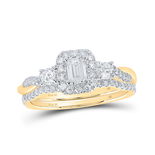 14K Yellow Gold Emerald Diamond Halo Bridal Wedding Ring Band Set 3/4 Cttw, Womens Size: 5-10