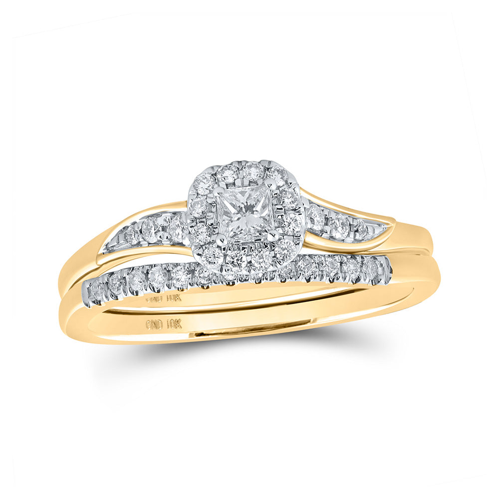 10K Yellow Or White Or Rose Gold Princess Diamond Halo Bridal Wedding Ring Band Set , Womens Size: 5-10