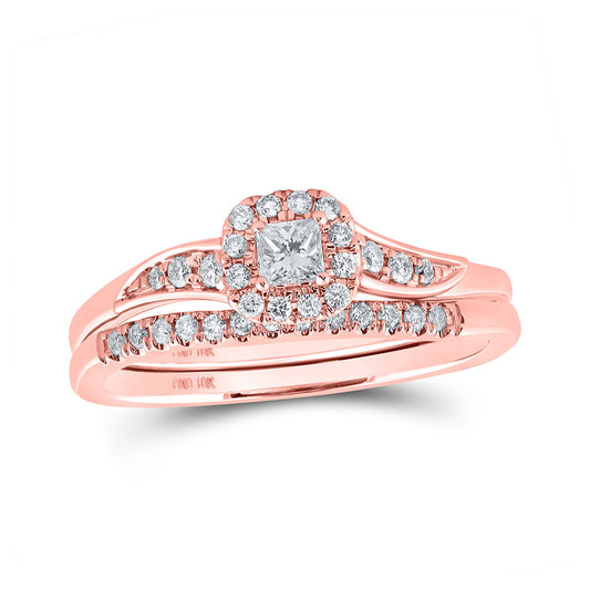 10K Yellow Or White Or Rose Gold Princess Diamond Halo Bridal Wedding Ring Band Set , Womens Size: 5-10