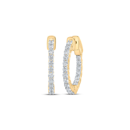 14K Yellow Gold Womens Round Diamond In Out Hoop Earrings 2 Cttw