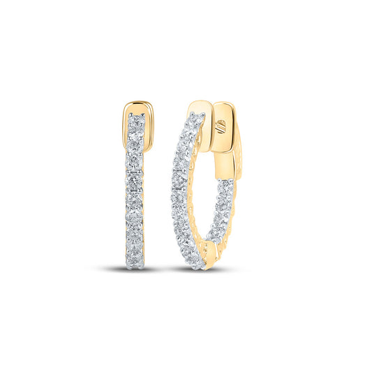 14K Yellow Gold Womens Round Diamond In Out Hoop Earrings 1 Cttw