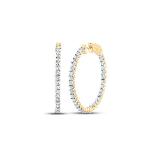14K Yellow Gold Womens Round Diamond Inside Outside Hoop Earrings 2-7/8 Cttw