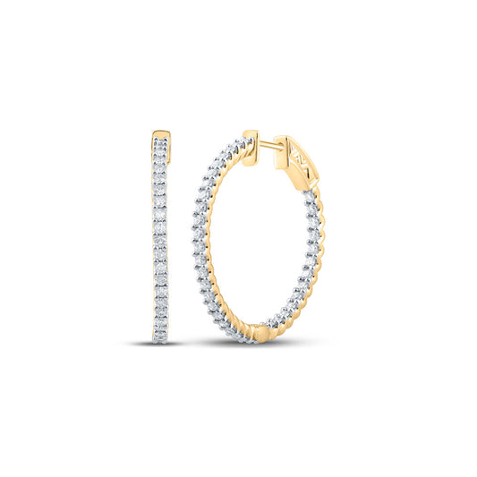 14K Yellow Gold Womens Round Diamond Slender In Out Hoop Earrings 1-1/2 Cttw