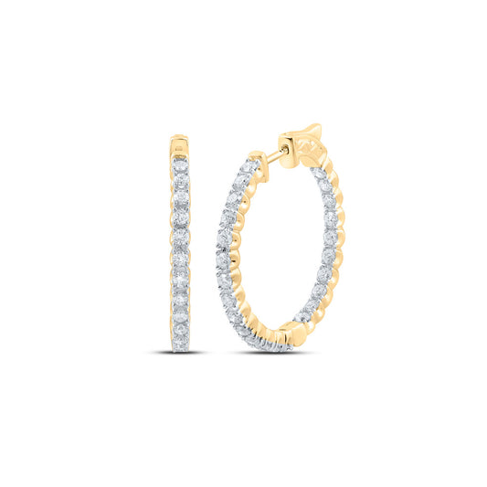 14K Yellow Gold Womens Round Diamond Inside Out Hoop Earrings 2 Cttw