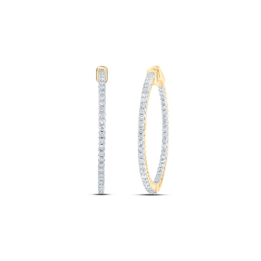 14K Yellow Gold Womens Round Diamond Slender In Out Hoop Earrings 2 Cttw