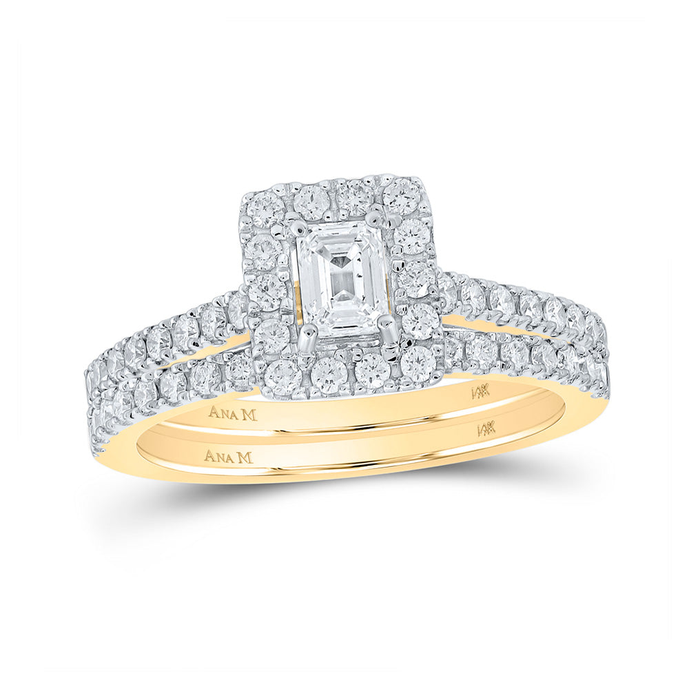 14K Yellow Gold Emerald Diamond Halo Bridal Wedding Ring Band Set 1 Cttw, Womens Size: 5-10