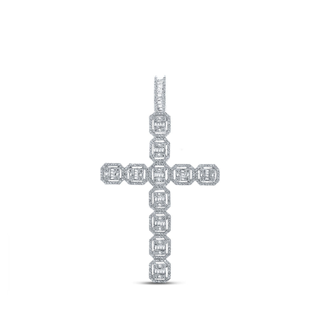10K White Gold Mens Baguette Diamond Cross Charm Pendant 2-1/3 Cttw, Length: 2.87 In, Width: 1.66 In