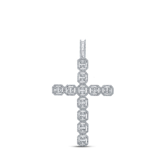 10K White Gold Mens Baguette Diamond Cross Charm Pendant 2-1/3 Cttw, Length: 2.87 In, Width: 1.66 In