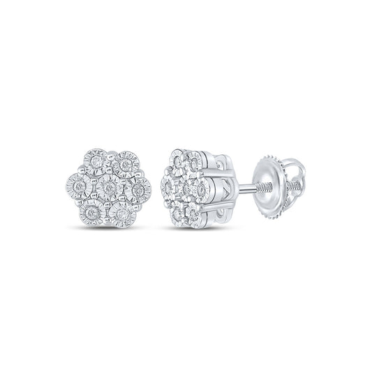 Sterling Silver Womens Round Diamond Cluster Earrings 1/10 Cttw, Length: 0.26 In, Width: 0.26 In