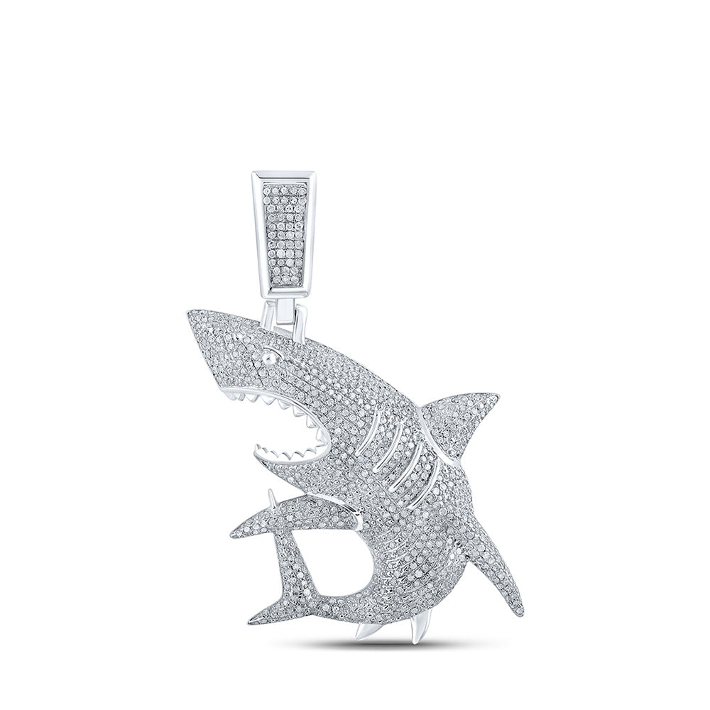 10K White Gold Mens Round Diamond Shark Charm Pendant 1-1/2 Cttw, Length: 1.81 In, Width: 1.2 In
