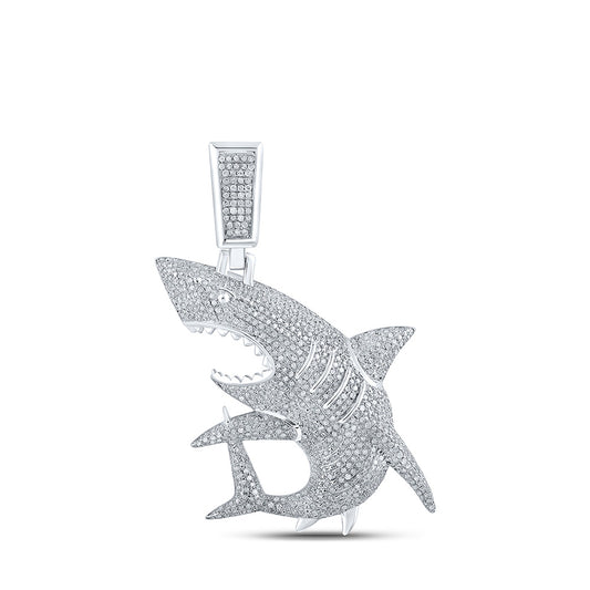 10K White Gold Mens Round Diamond Shark Charm Pendant 1-1/2 Cttw, Length: 1.81 In, Width: 1.2 In