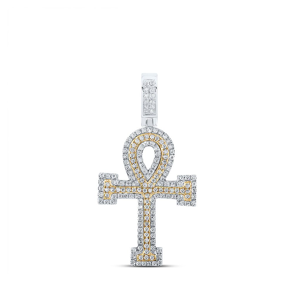 10K Two-tone Gold Mens Round Diamond Ankh Cross Charm Pendant 1/2 Cttw, Length: 1.35 In, Width: 0.7 In