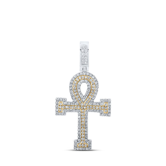 10K Two-tone Gold Mens Round Diamond Ankh Cross Charm Pendant 1/2 Cttw, Length: 1.35 In, Width: 0.7 In