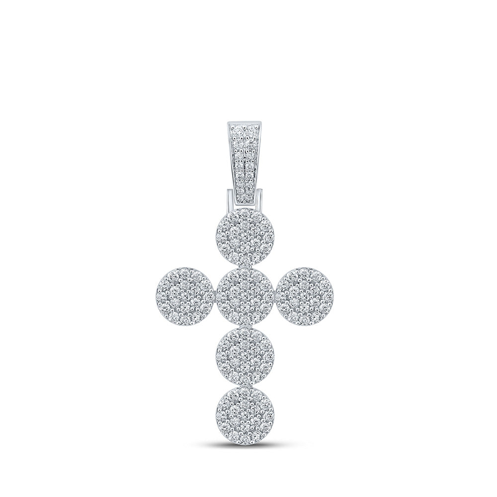 10K White Gold Mens Round Diamond Cross Charm Pendant 2 Cttw, Length: 1.91 In, Width: 1.02 In