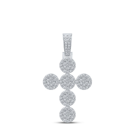 10K White Gold Mens Round Diamond Cross Charm Pendant 2 Cttw, Length: 1.91 In, Width: 1.02 In