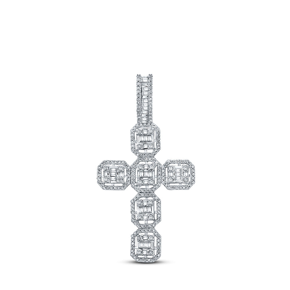 10K White Gold Mens Baguette Diamond Cross Charm Pendant 1 Cttw, Length: 1.8 In, Width: 0.98 In