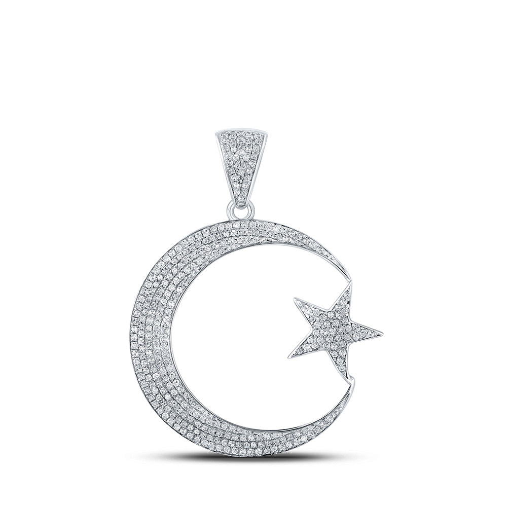 10K White Gold Mens Round Diamond Crescent Moon Star Charm Pendant 3/4 Cttw