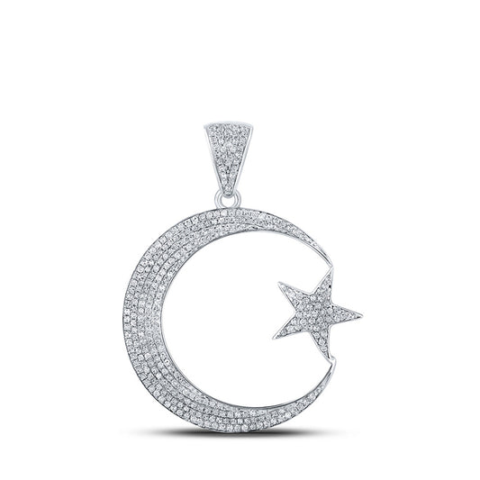 10K White Gold Mens Round Diamond Crescent Moon Star Charm Pendant 3/4 Cttw