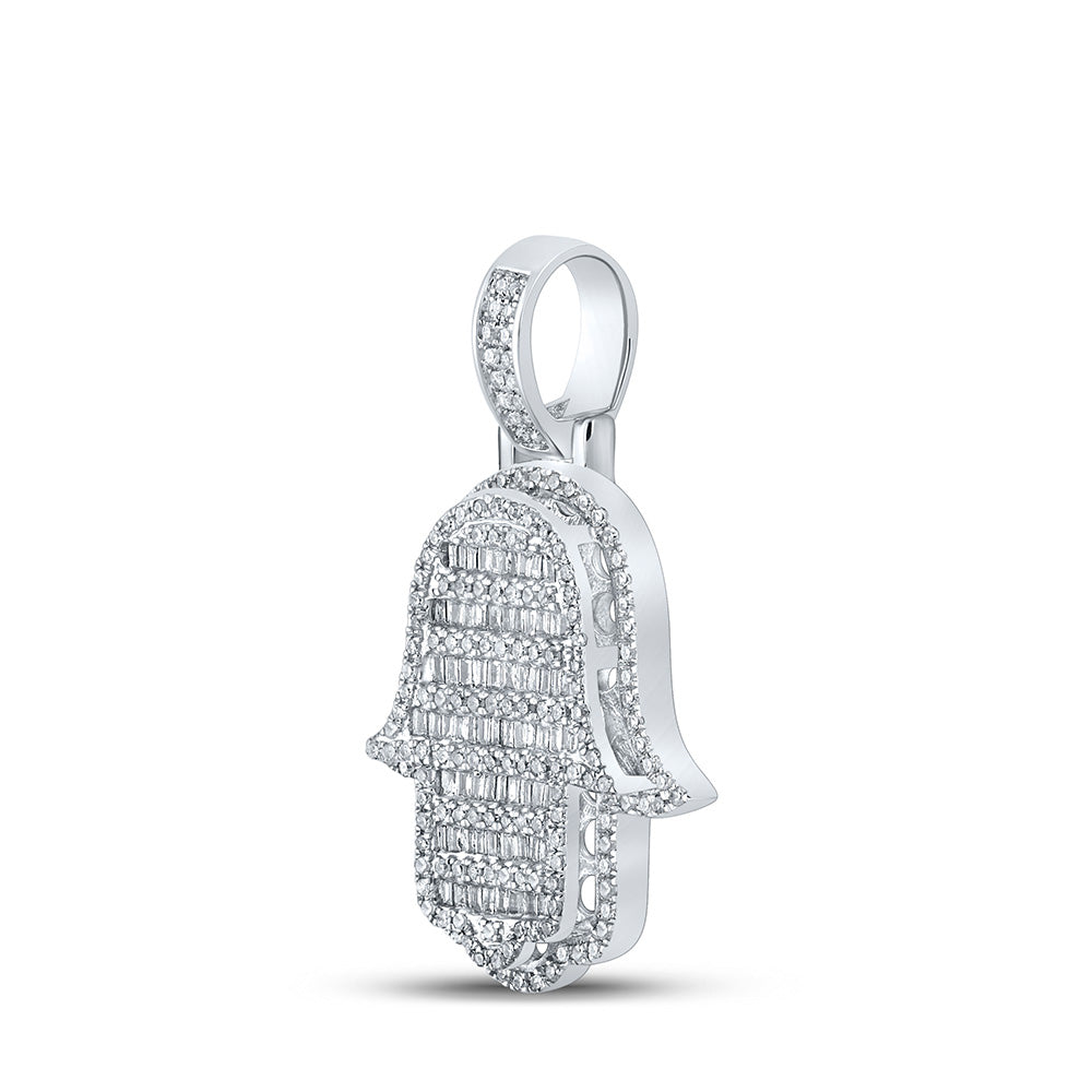 10K White Gold Mens Baguette Diamond Hamsa Charm Pendant 7/8 Cttw, Length: 1.28 In, Width: 0.75 In