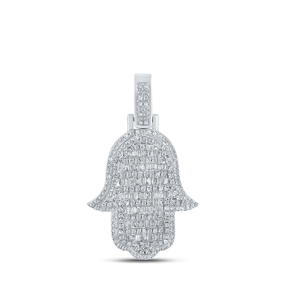 10K White Gold Mens Baguette Diamond Hamsa Charm Pendant 7/8 Cttw, Length: 1.28 In, Width: 0.75 In