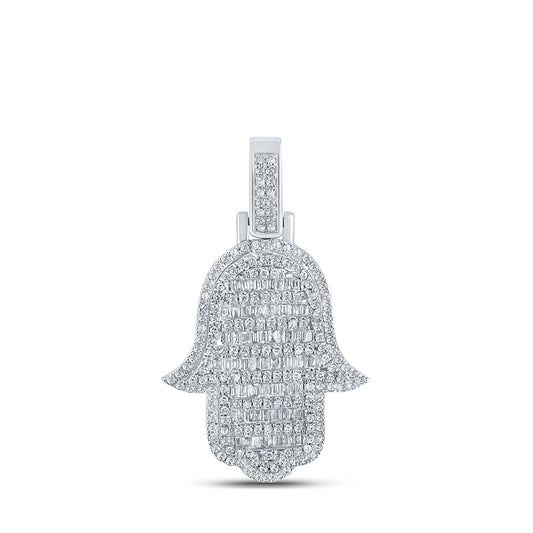 10K White Gold Mens Baguette Diamond Hamsa Charm Pendant 7/8 Cttw, Length: 1.28 In, Width: 0.75 In