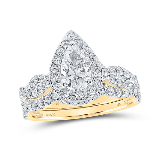 14K Yellow Gold Pear Diamond Halo Bridal Wedding Ring Band Set 1-1/2 Cttw, Womens Size: 5-10