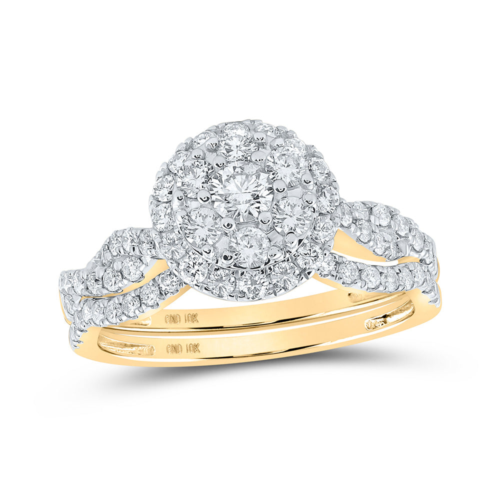 10K Yellow Gold Round Diamond Cluster Bridal Wedding Ring Band Set 1 Cttw, Womens Size: 5-10