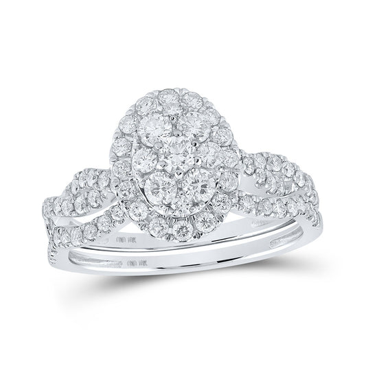 10K White Gold Round Diamond Oval Cluster Bridal Wedding Ring Band Set 1-1/2 Cttw, Womens Size: 5-10