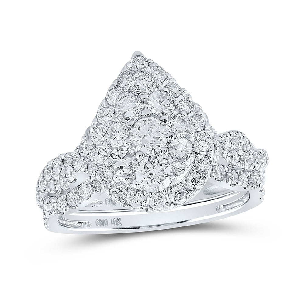 10K White Gold Round Diamond Teardrop Bridal Wedding Ring Band Set 1-1/2 Cttw, Womens Size: 5-10