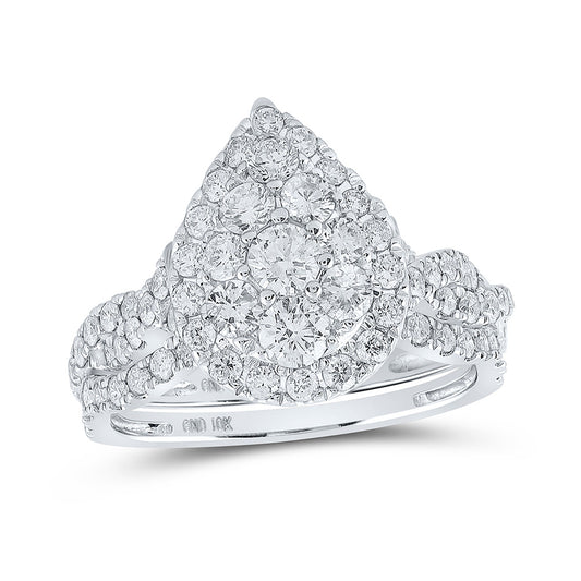 10K White Gold Round Diamond Teardrop Bridal Wedding Ring Band Set 1-1/2 Cttw, Womens Size: 5-10