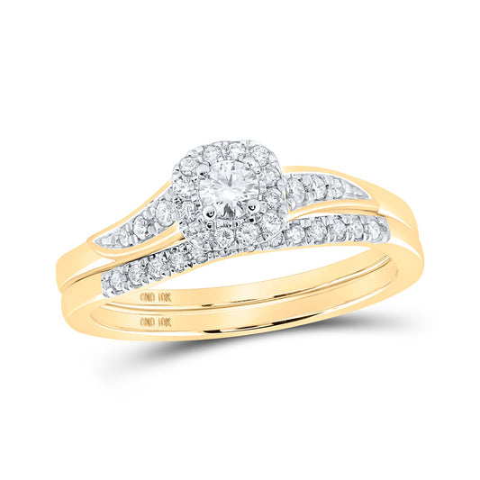 10K Yellow Gold Round Diamond Halo Bridal Wedding Ring Band Set 1/3 Cttw, Womens Size: 5-10
