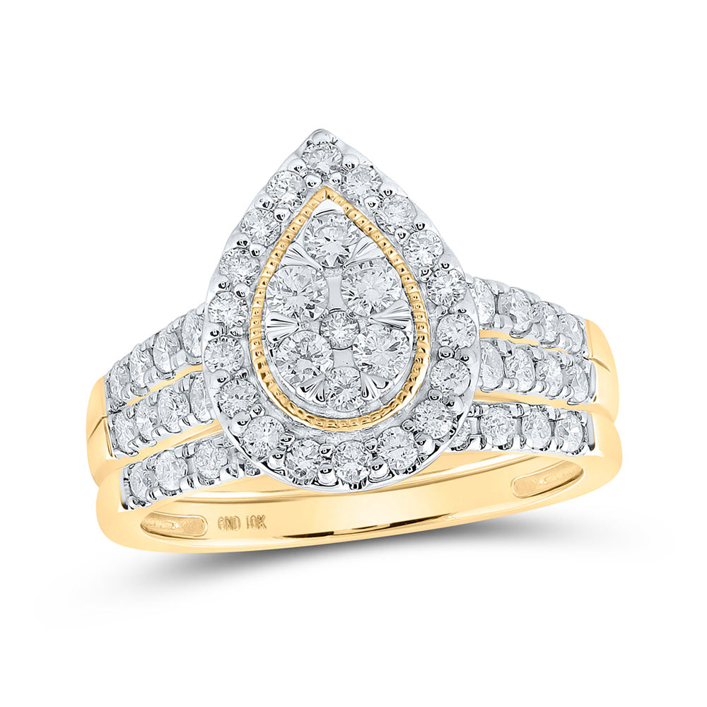 10K Yellow Gold Round Diamond Teardrop Bridal Wedding Ring Band Set 1 Cttw, Womens Size: 5-10